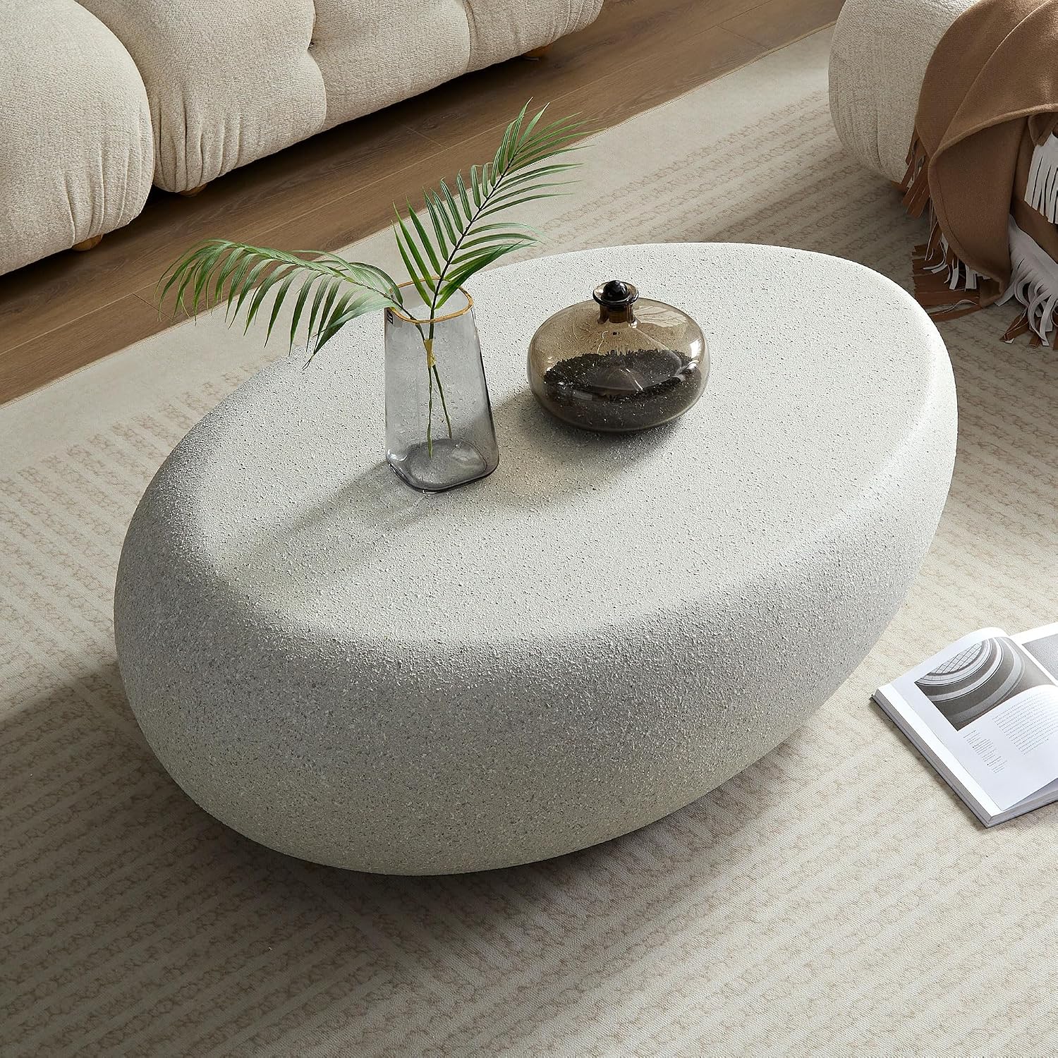 Oval Coffee Table, 43.3' Fiberglass Imitation Rocks, Vintage Matte Center Tables Irregular Side Table Accent End Table for Living Room, No Need Assembly