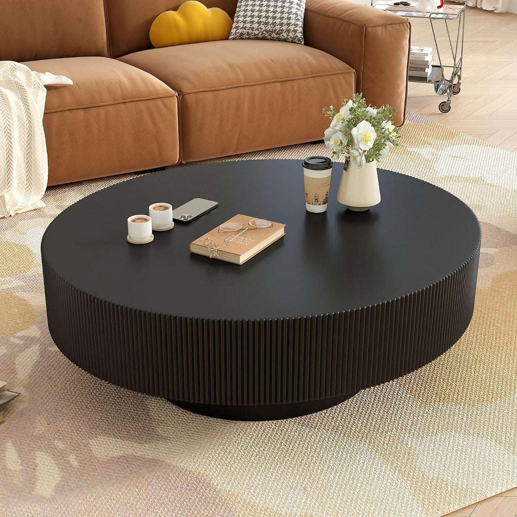 SOFTSEA Round Coffee Table for Living Room, Modern Drum Center Table, Fluted Side Table with Sturdy Base for Bedroom, Office, Apartment, 31.5'L x 31.5W x 13.7'H, Black