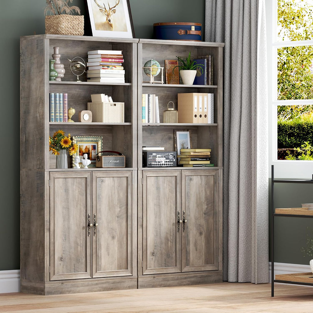 BORNOON 70.1' Tall Bookshelf with Cabinet, 5-Tier Floor Standing Bookcase with Doors & Adjustable Shelves, 31.5' Wide Storage Shelf, Metal Handles, Modern Organizer for Home Office, Living Room
