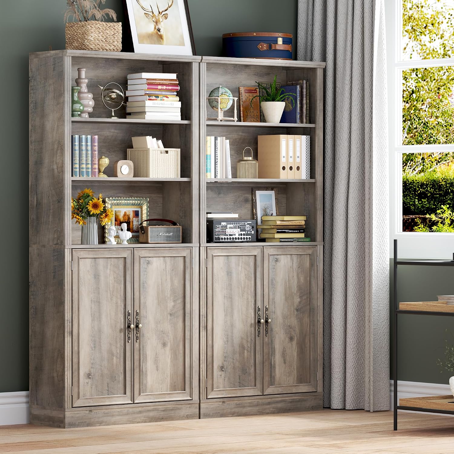BORNOON 70.1' Tall Bookshelf with Cabinet, 5-Tier Floor Standing Bookcase with Doors & Adjustable Shelves, 31.5' Wide Storage Shelf, Metal Handles, Modern Organizer for Home Office, Living Room