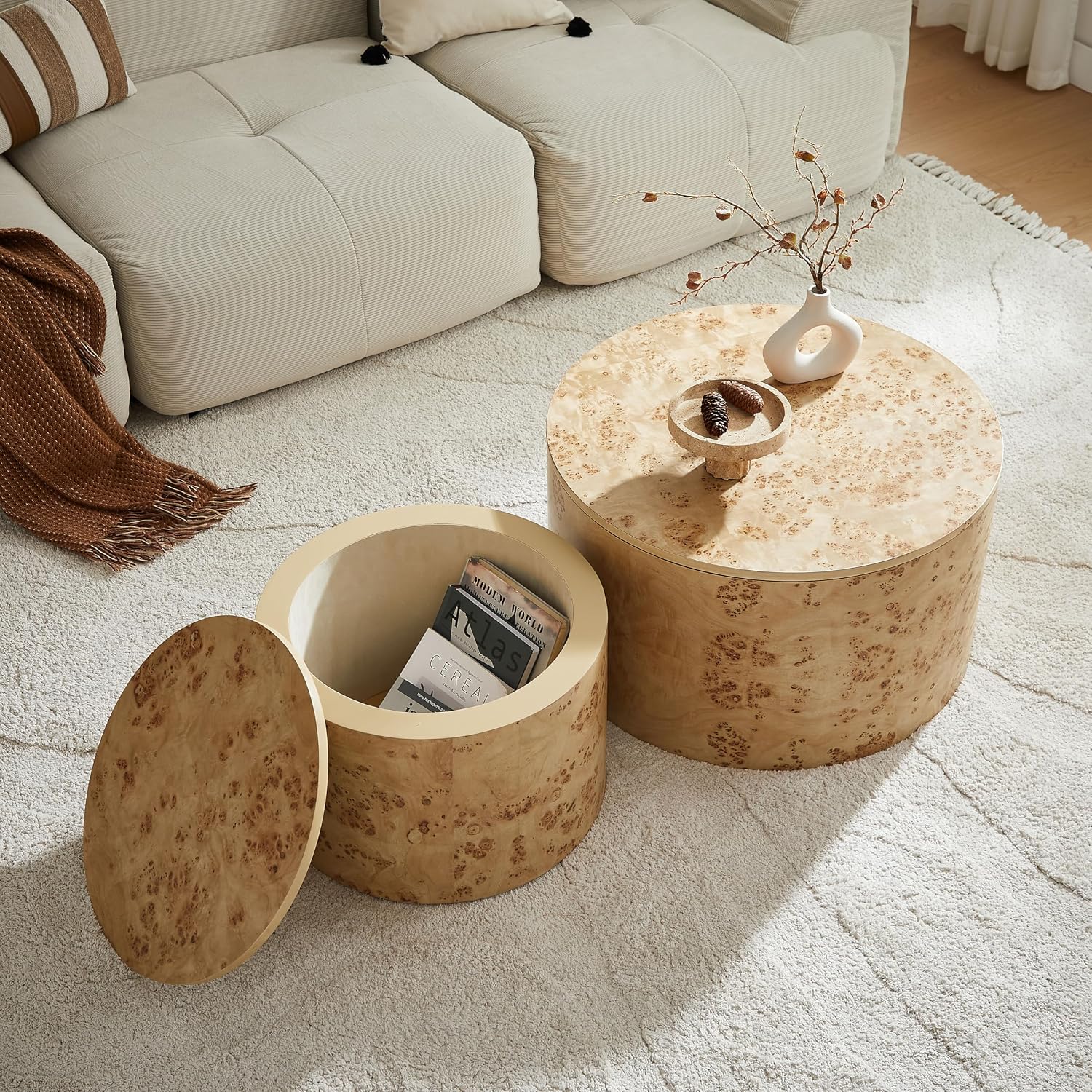 Nesting Coffee Table Set of 2 with Storage,Modern Round Burl Wood Veneer Circle Accent Side Tables for Living Room,Small Space,Bedroom,Balcony,Office,Brown(27.56'+19.69')