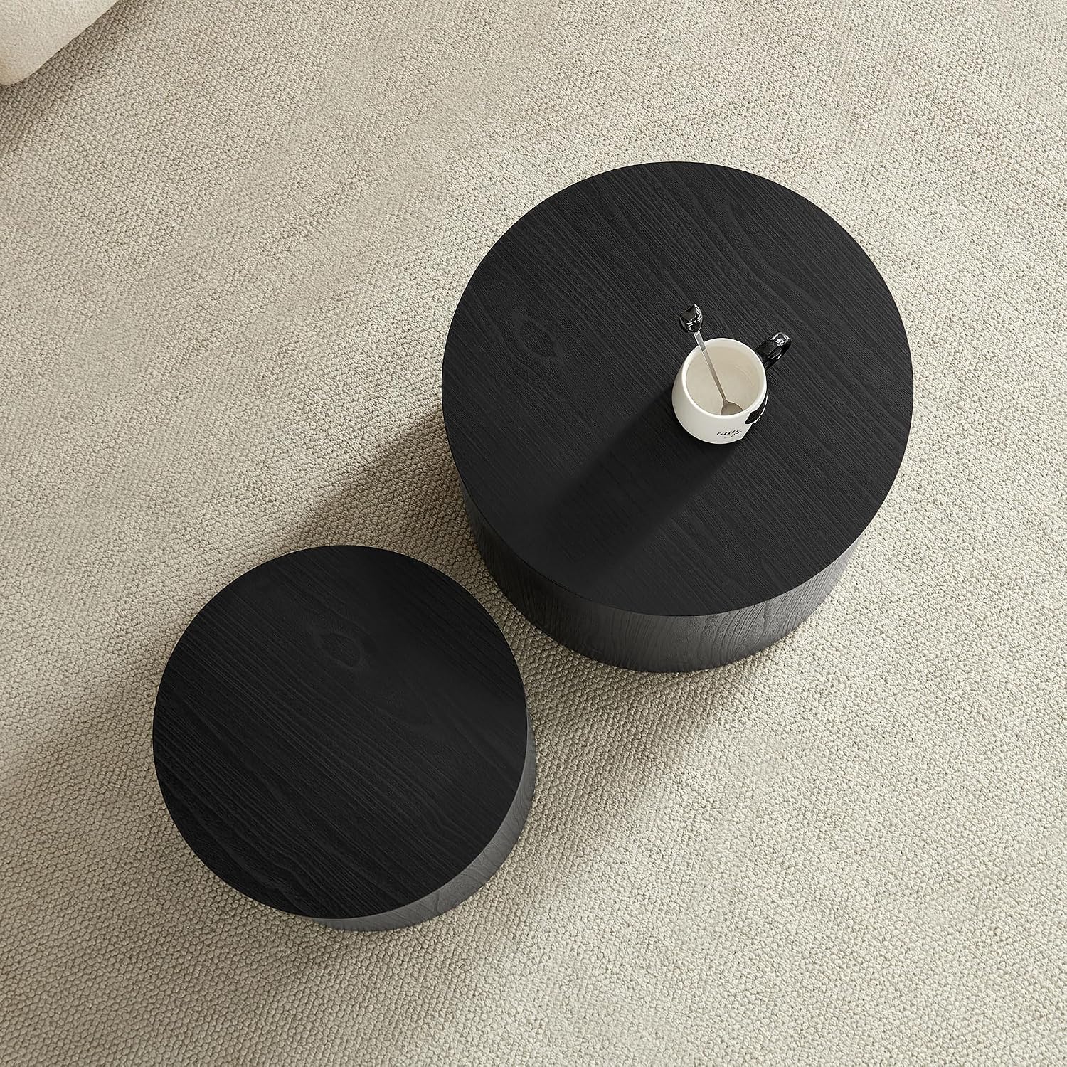 WILLIAMSPACE 18.9' Black Nesting Coffee Table Set of 2, Modern Round Coffee Tables Circle Side Table for Small Space, Accent End Table Set, No Assembling, Matte Black