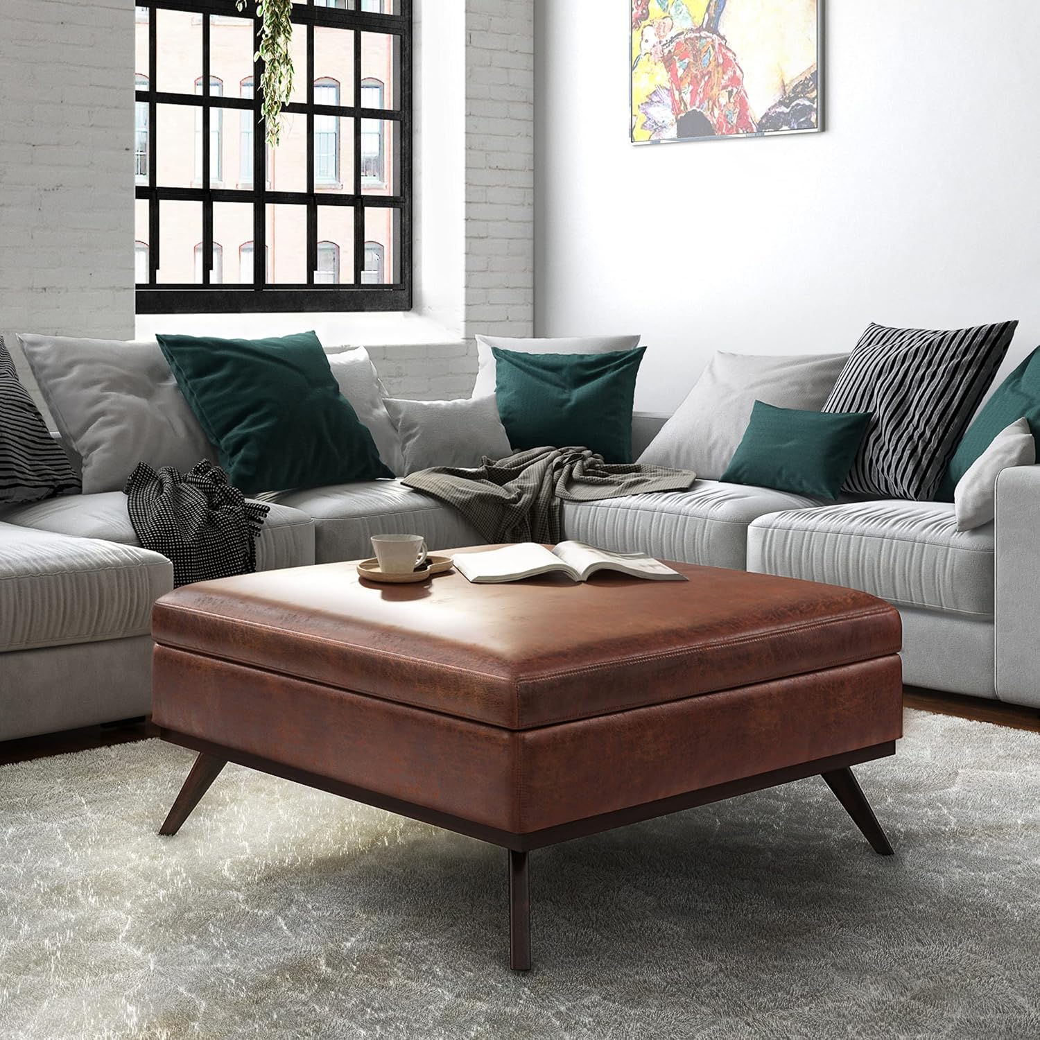 SIMPLIHOME Owen XL Square Coffee Table Storage Ottoman - 40 inch Wide Upholstered Vegan Leather Lift-Top Ottoman in Distressed Saddle Brown, Mid-Century Modern Ottoman for Living Room with Storage