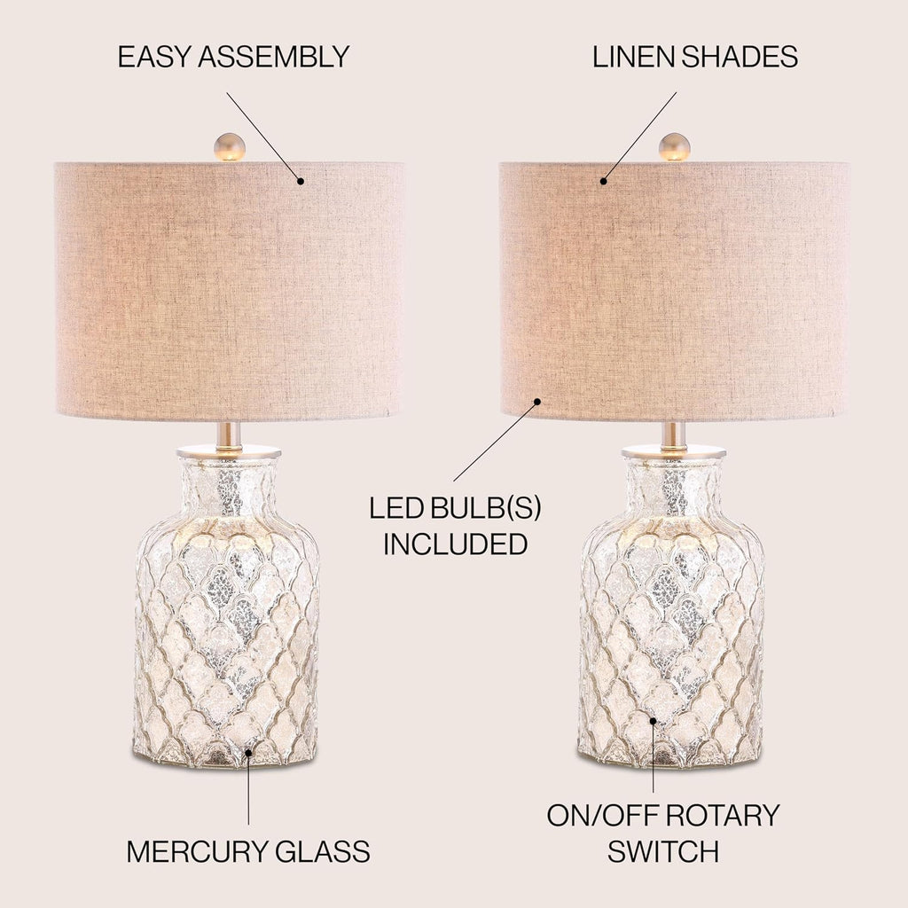 JONATHAN Y 24.5' Alvord Mercury Silver Quatrefoil Glass Table Lamp Set of 2, Contemporary Nightstand Lamps with Grey Linen Drum Shade, UL Listed, LED Bulbs Included JYL1075A-SET2