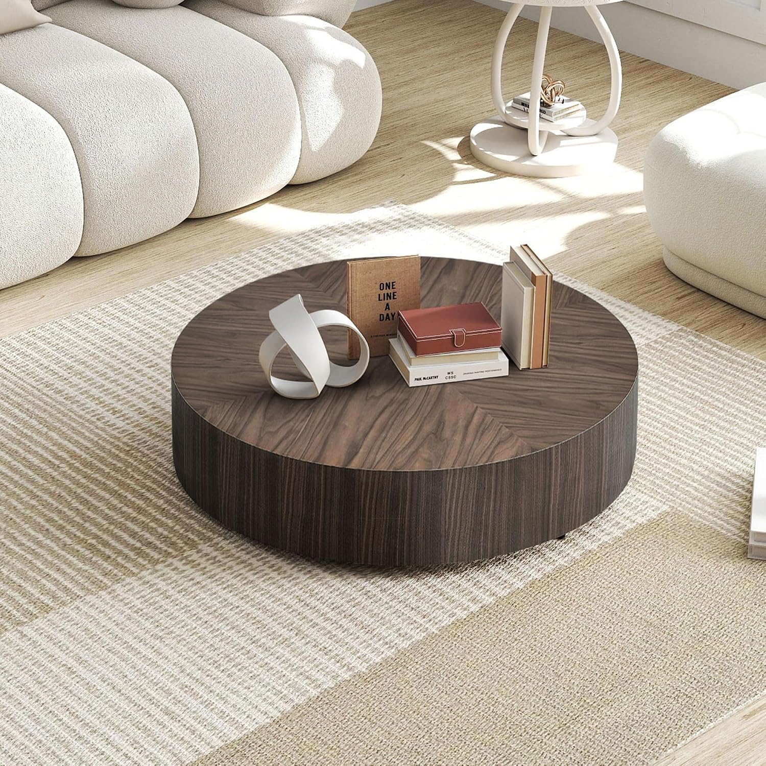 WILLIAMSPACE 35.43' Round Coffee Table for Living Room, Modern Wooden Drum Coffee Table Circle Center Table Side Table End Table for Apartment Office, No Need Assembly (Walnut)