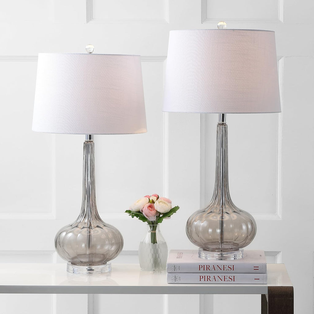 JONATHAN Y 28.5' Smoke Gray Glass Teardrop LED Table Lamp Set of 2 for Living Room Bedroom Nightstand, White Linen Shade Modern Transitional Bedside Desk Lamp (JYL1079D-SET2)