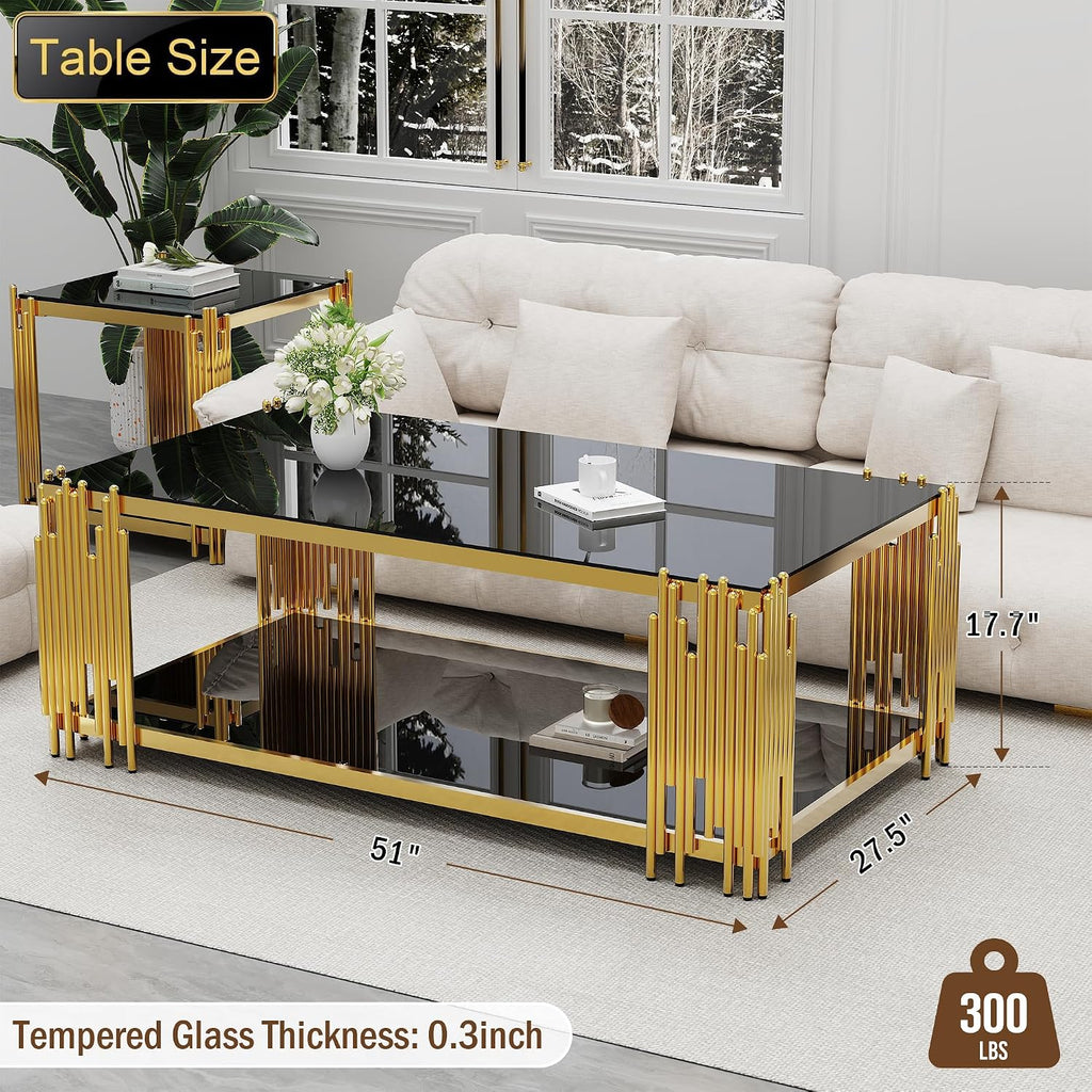 Gold Glass Coffee Table Black Modern Living Room Table Stainless Steel Metal Leg Large Rectangular Tempered Glass Center Tables for Home Office (Black, 51' Coffee Table)