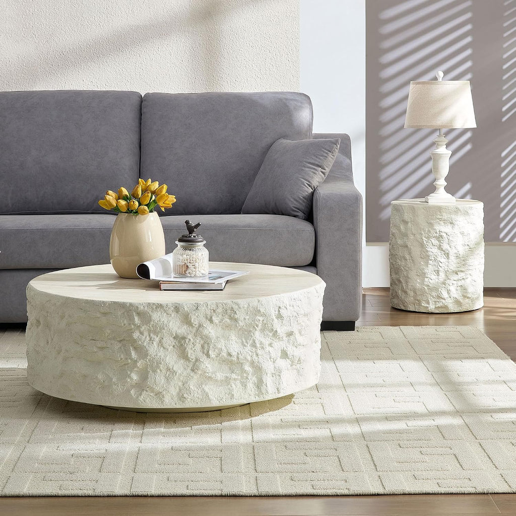 JUSTONE Round Coffee Table Set of 2,Modern Minimalist Side Tables for Living Room,Faux Marble Look，End Tables for Small Space,Home Office Decor
