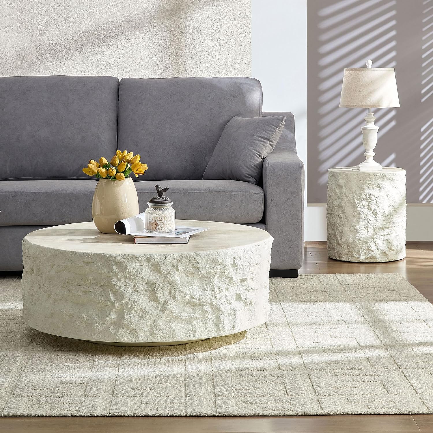JUSTONE Round Coffee Table Set of 2,Modern Minimalist Side Tables for Living Room,Faux Marble Look，End Tables for Small Space,Home Office Decor