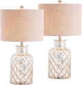 JONATHAN Y 24.5' Alvord Mercury Silver Quatrefoil Glass Table Lamp Set of 2, Contemporary Nightstand Lamps with Grey Linen Drum Shade, UL Listed, LED Bulbs Included JYL1075A-SET2