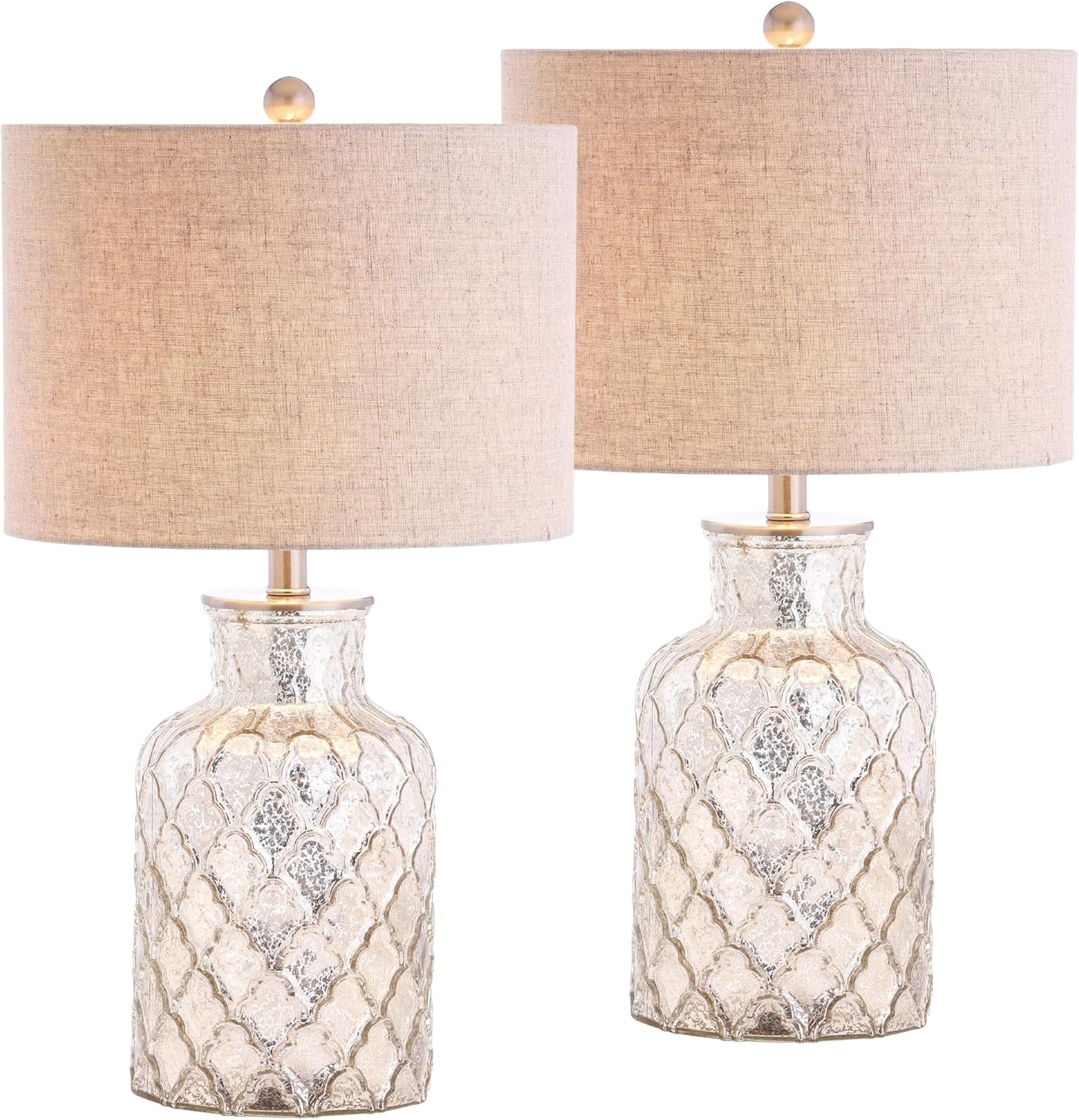 JONATHAN Y 24.5' Alvord Mercury Silver Quatrefoil Glass Table Lamp Set of 2, Contemporary Nightstand Lamps with Grey Linen Drum Shade, UL Listed, LED Bulbs Included JYL1075A-SET2