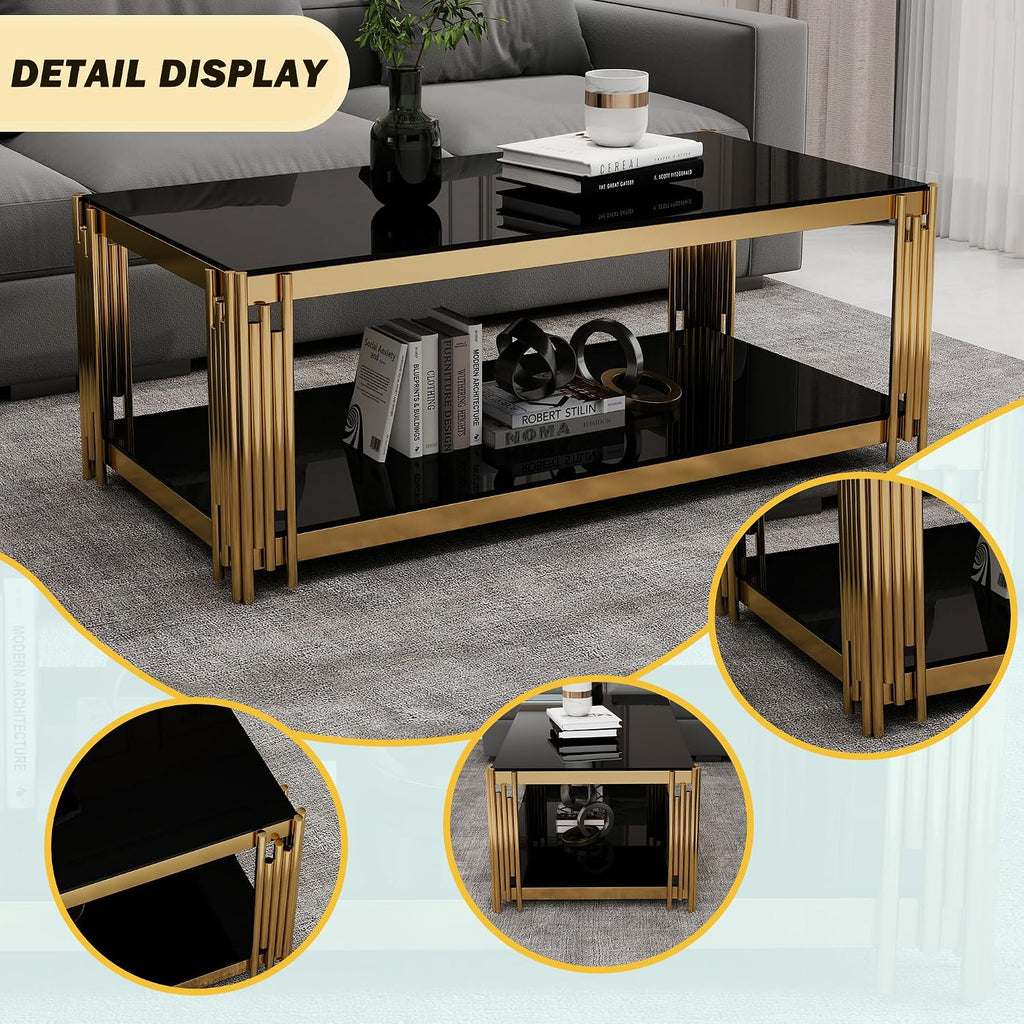 Rectangular Black Glass Coffee Table, 47' Center Table Living Room Table, Gold Stainless Steel Irregular Leg, Double-Layer Structure, Black Glass Desktop, Luxury