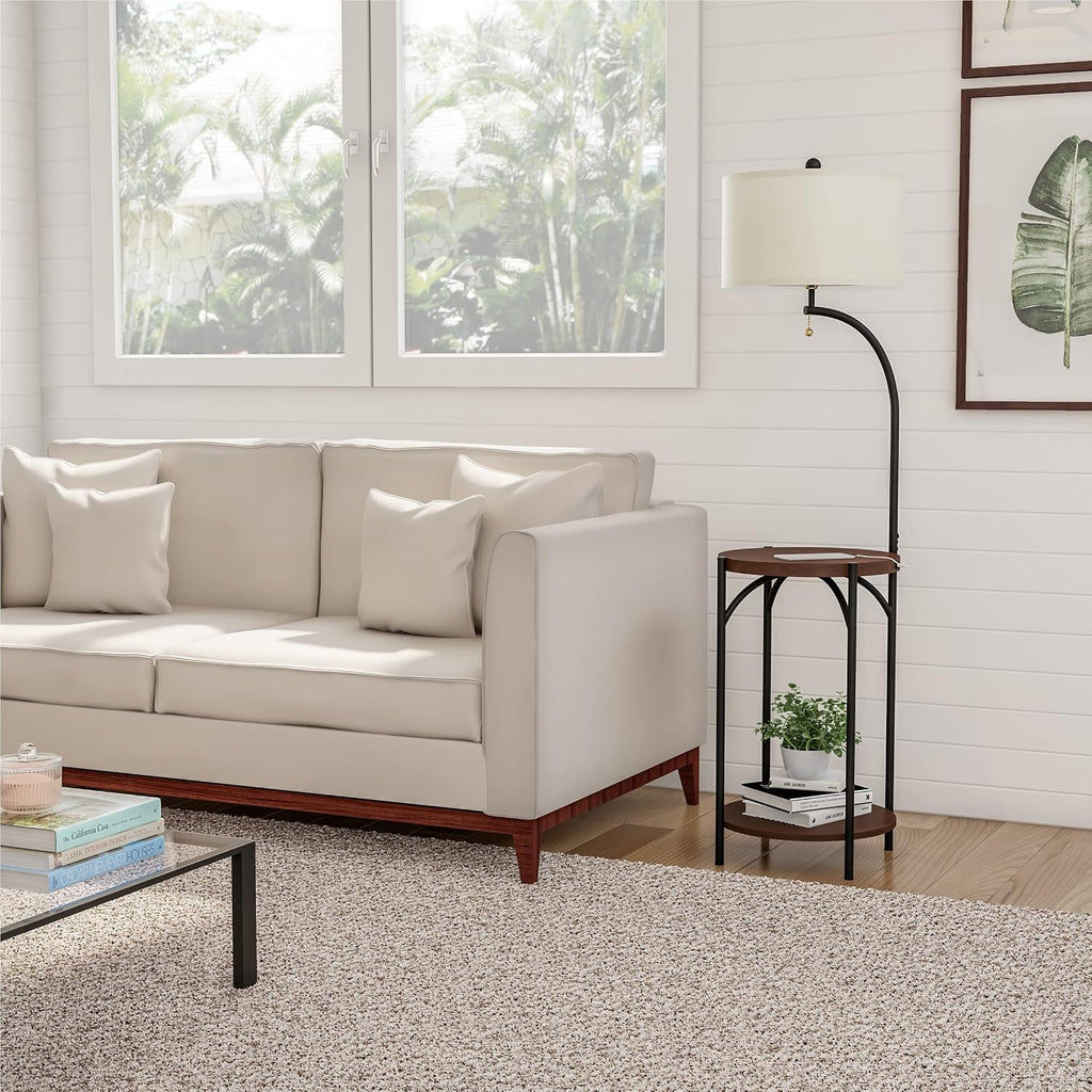 Lavish Home Floor Lamp with End Table - Modern Rustic Side Shelves with USB Charging Port, LED Light Bulb, and Drum-Shaped Shade - Standing Lights