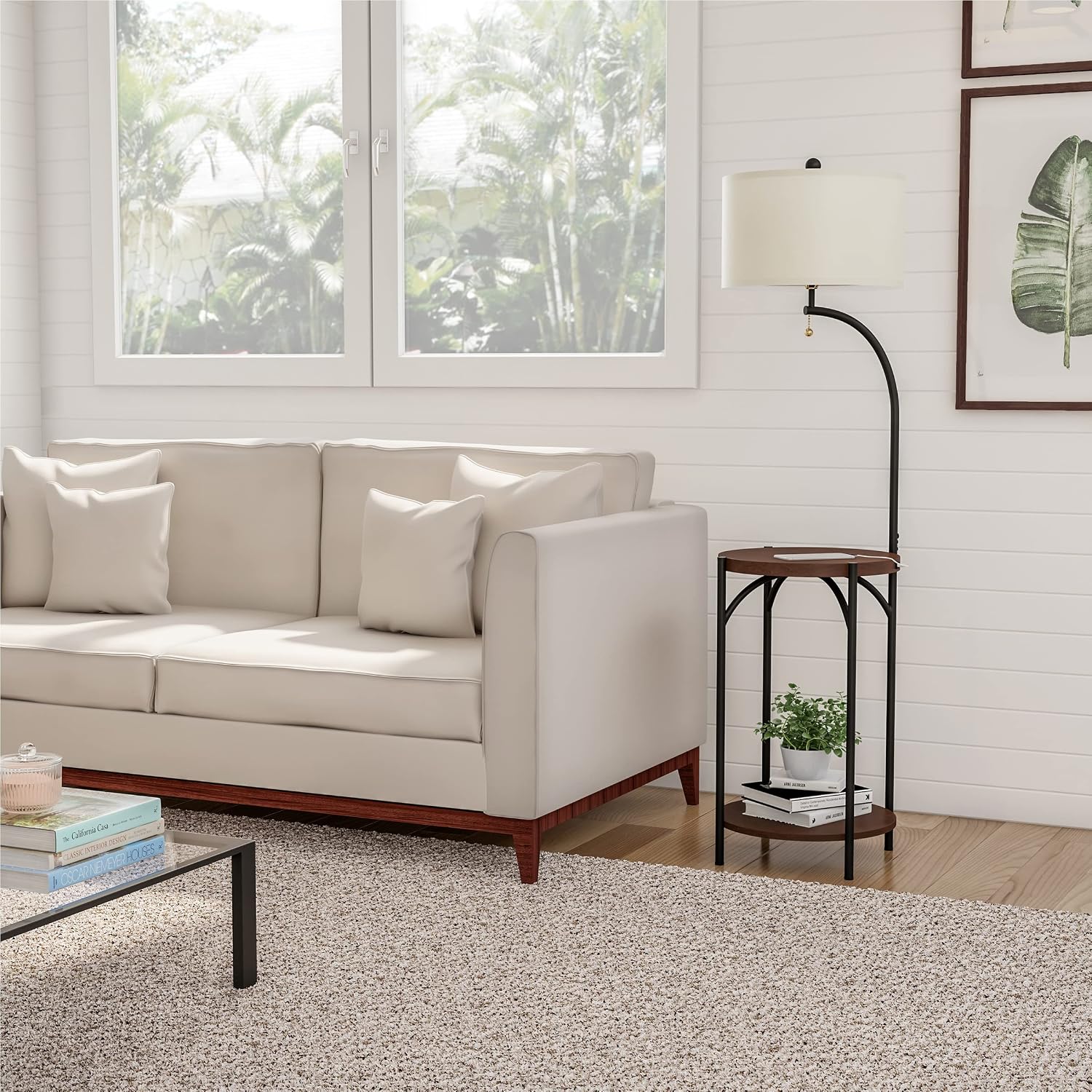 Lavish Home Floor Lamp with End Table - Modern Rustic Side Shelves with USB Charging Port, LED Light Bulb, and Drum-Shaped Shade - Standing Lights