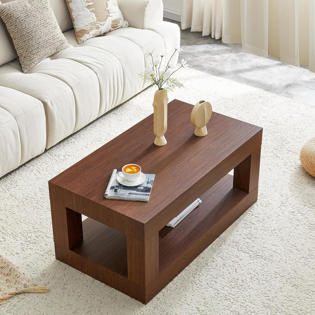 LKTART 39.37' Coffee Table with Storage, 2-Tier Mid Century Rectangular Accent Table with Thick Tabletop, Rustic Style Cocktail, Center Table for Living Room, Office, Apartment (Dark Walnut)