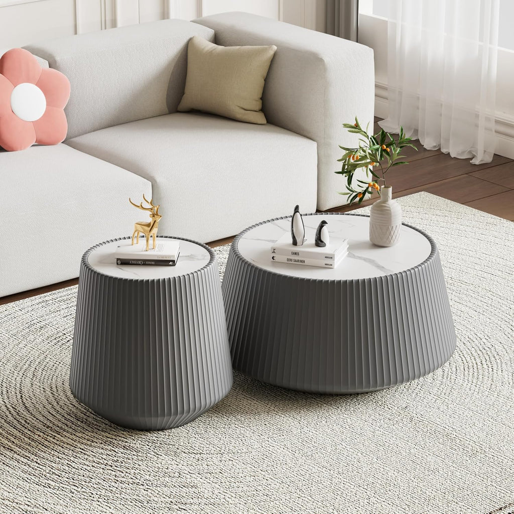 Round Coffee Table Set with Sintered Stone Tabletop, 26.77' Grey Drum Center Table and 19.68' Grey Coffee Table Set, 2 Pieces Living Room Table Set with Fluted PU Leather Cover& Stable Base