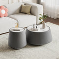 Round Coffee Table Set with Sintered Stone Tabletop, 26.77' Grey Drum Center Table and 19.68' Grey Coffee Table Set, 2 Pieces Living Room Table Set with Fluted PU Leather Cover& Stable Base