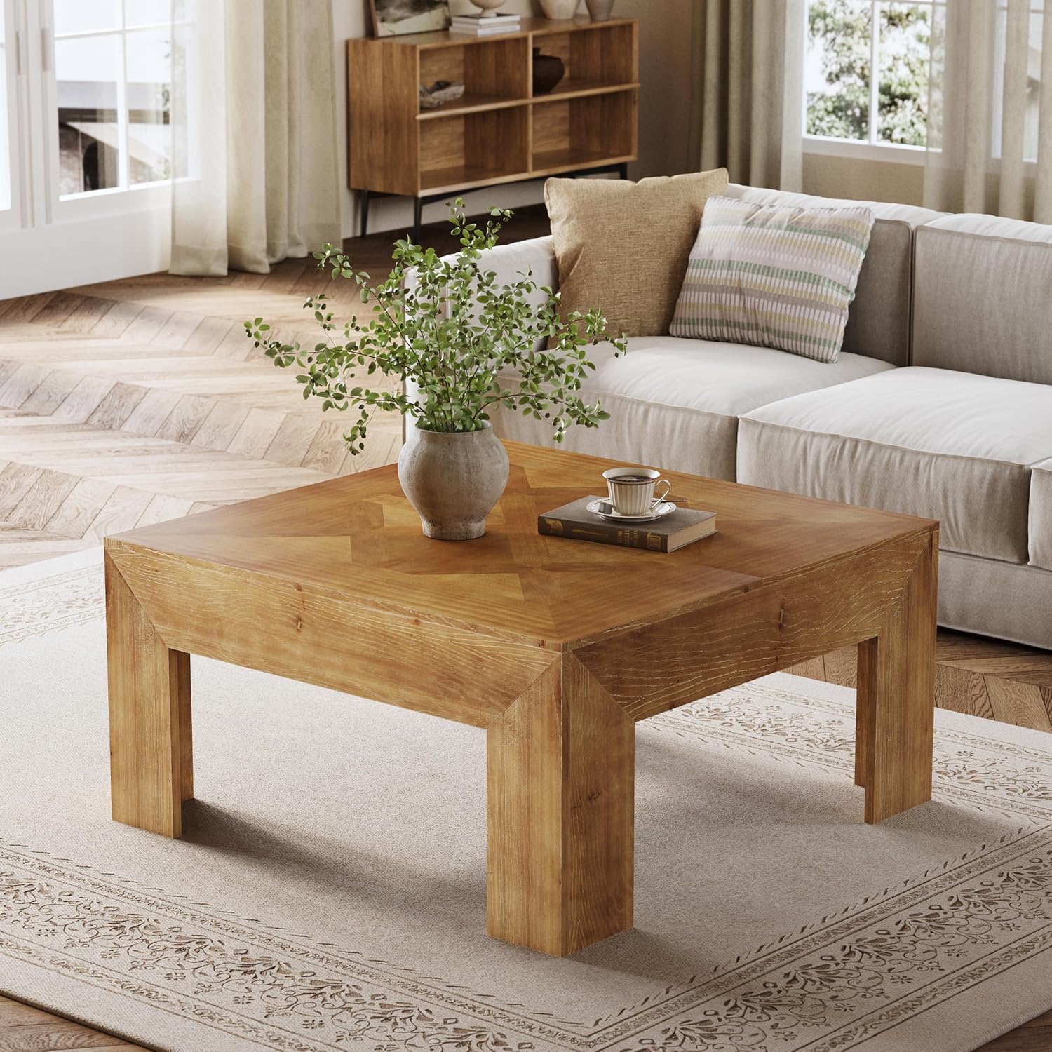 LITTLE TREE 39.4' Solid Wood Coffee Table, Square Coffee Table with Intricate Inlaid Top & Sturdy Legs, Rustic Center Tables for Living Room, Easy Assembly, Brown, 39.4' L x 39.4' W x 19.7' H