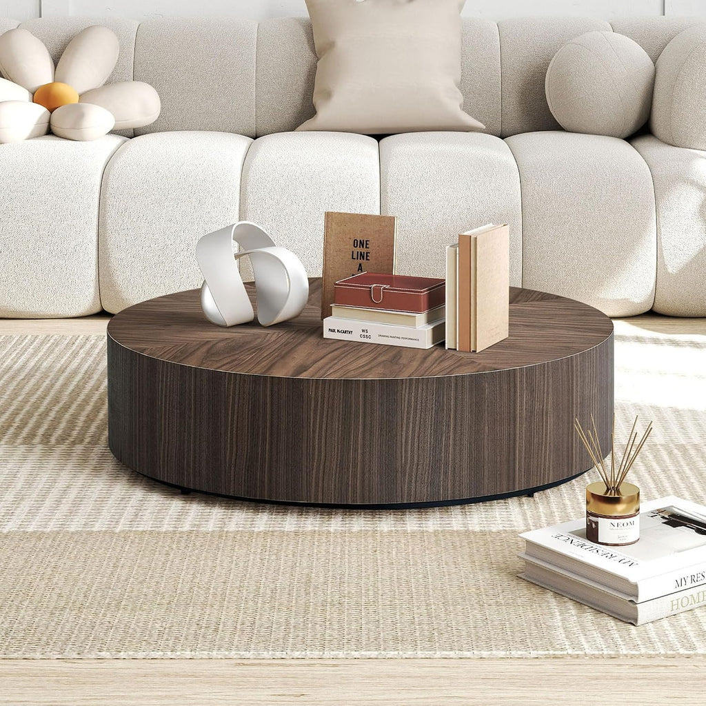 WILLIAMSPACE 35.43' Round Coffee Table for Living Room, Modern Wooden Drum Coffee Table Circle Center Table Side Table End Table for Apartment Office, No Need Assembly (Walnut)