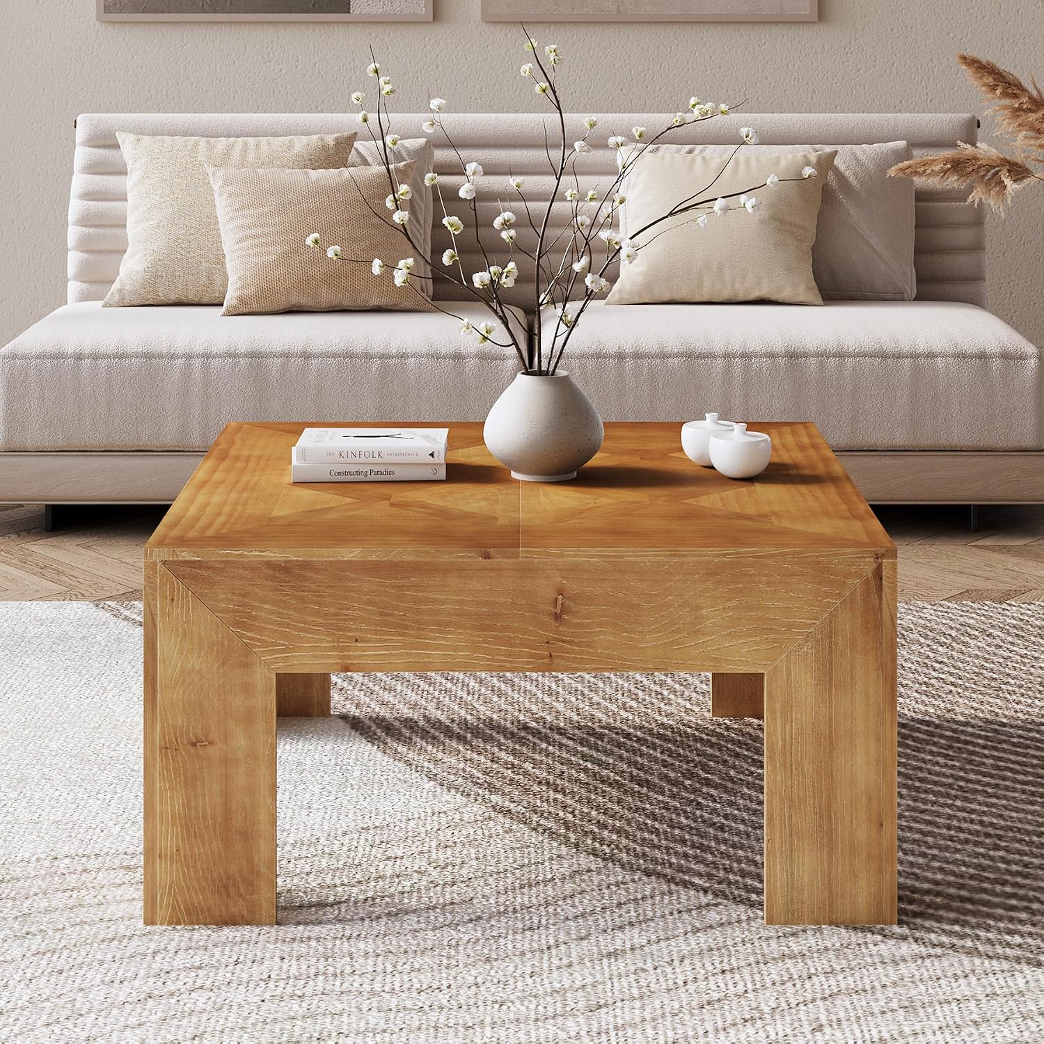 LITTLE TREE 39.4' Solid Wood Coffee Table, Square Coffee Table with Intricate Inlaid Top & Sturdy Legs, Rustic Center Tables for Living Room, Easy Assembly, Brown, 39.4' L x 39.4' W x 19.7' H