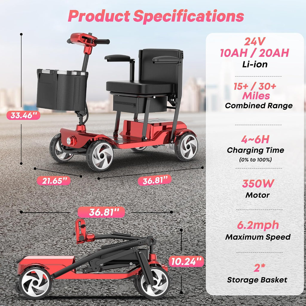 Mobility Scooters, Lightweight Electric Scooters for Seniors&Adults | 49lb Aluminum Frame with Removable Battery, Foldable Motorized Scooters for Trips, Shopping, Daily Use, Race Red, 10 Ah
