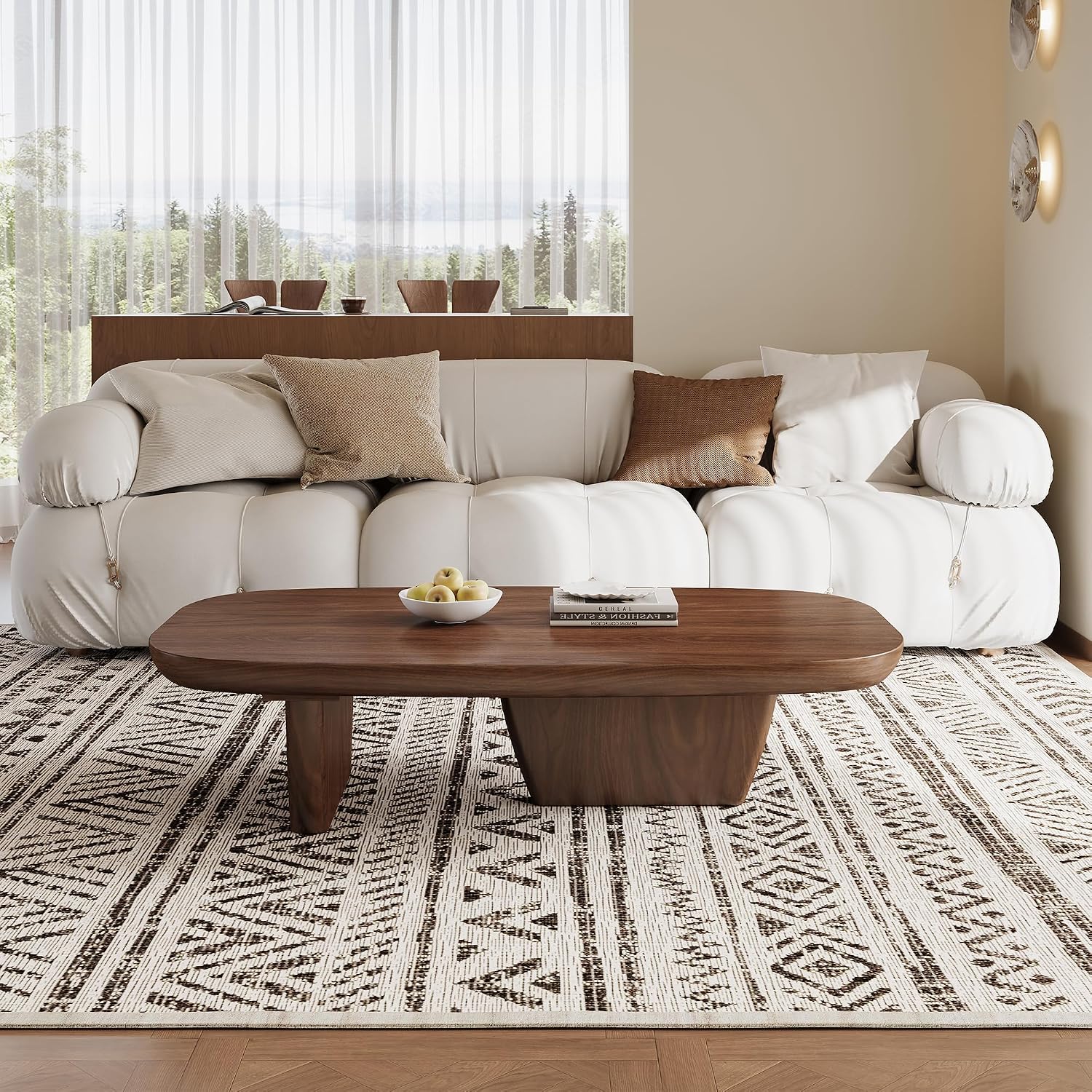 Mid Century Modern Wood Coffee Table with Rounded Edges and Unique Dual Leg Design, Easy Assembly Brown Living Room Center Table, 51.2' Rectangular Tea Table