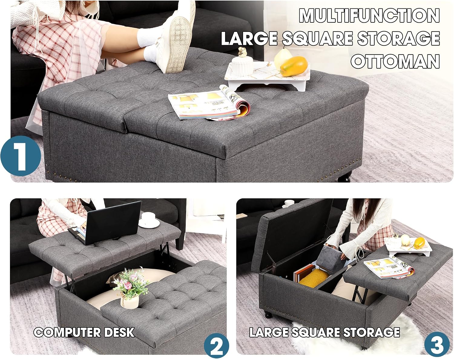 Grepatio 35.5' Large Square Storage Ottoman, Lift Top Ottoman Square Bench with Storage, Tufted Upholstered Ottomans, Ottomans Coffee Tables for Living Room, Bedroom (Gray)