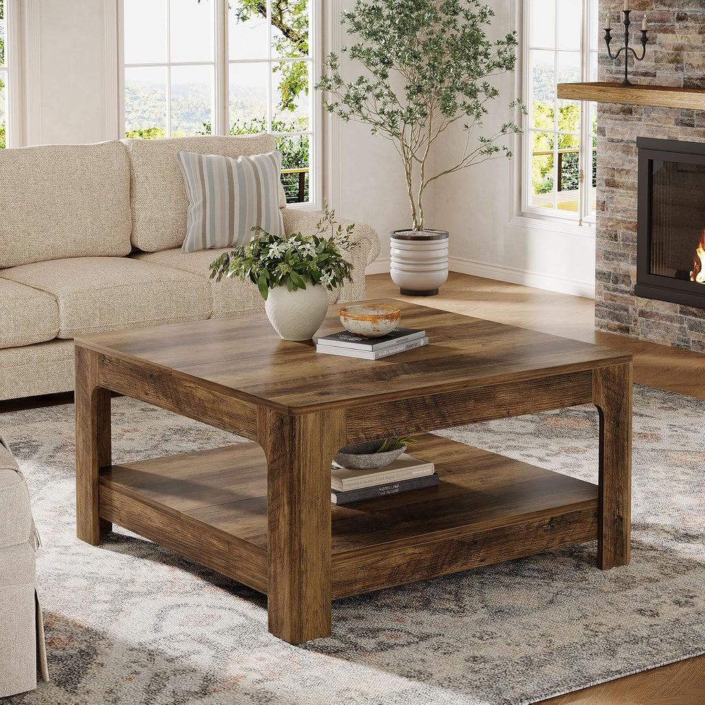 Tribesigns Square Coffee Table with Storage, 39.4-Inch Large Farmhouse Wooden Center Tea Accent Table for Living Room, Rustic Brown