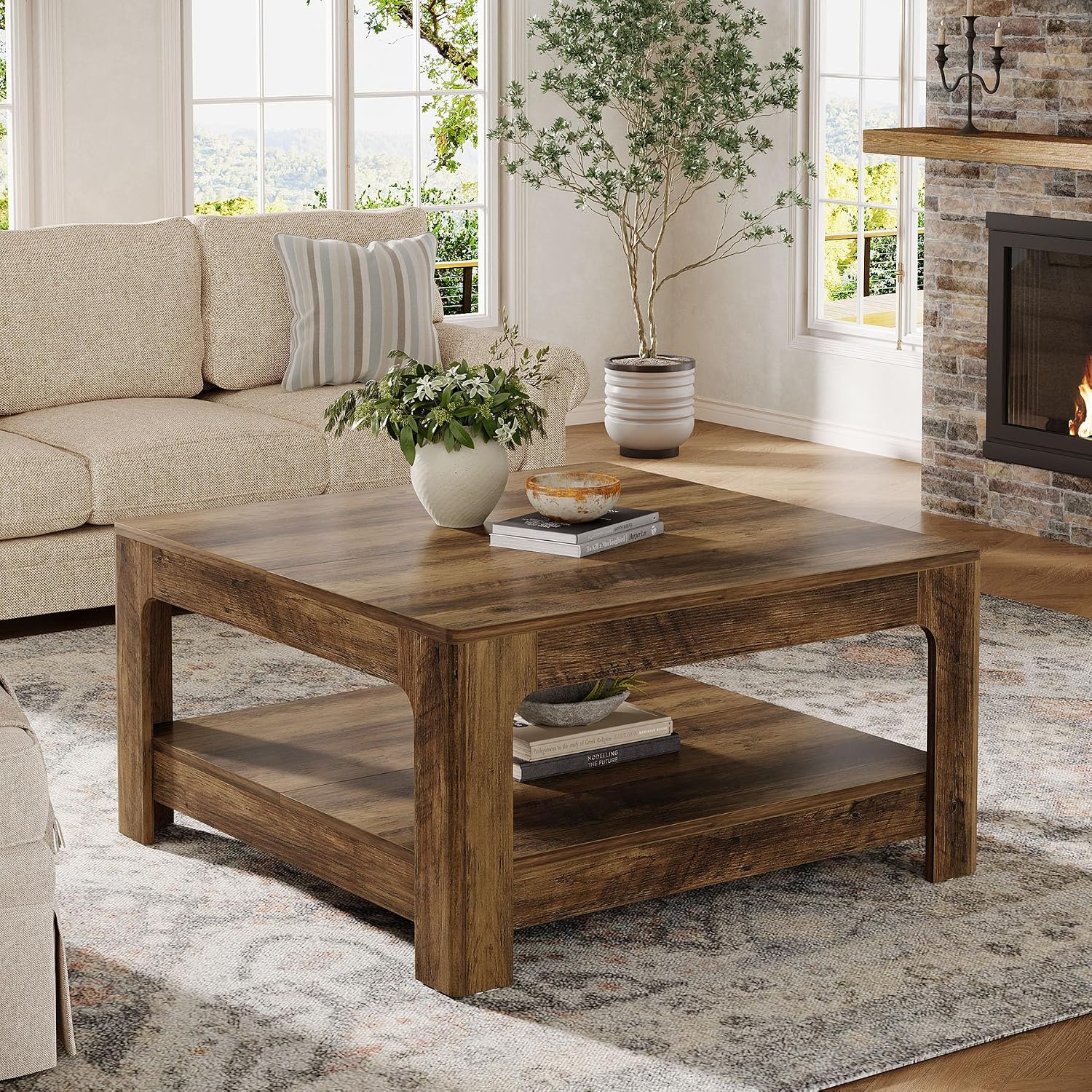 Tribesigns Square Coffee Table with Storage, 39.4-Inch Large Farmhouse Wooden Center Tea Accent Table for Living Room, Rustic Brown