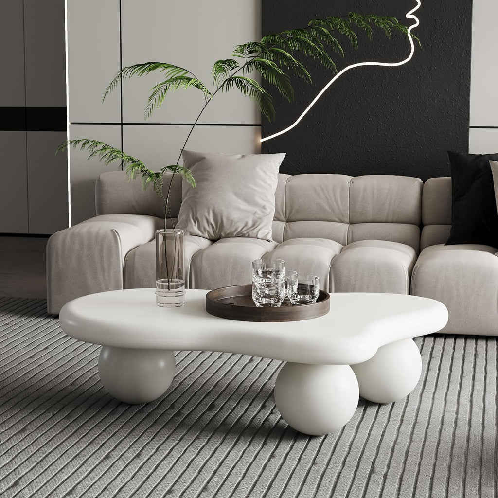 40' Irregular Cloud Coffee Table Asymmetrical Tea Table Low Coffee Table Unique Center Tables with 3 Ball Legs for Living Room Office Apartment Modern Furniture Cream White