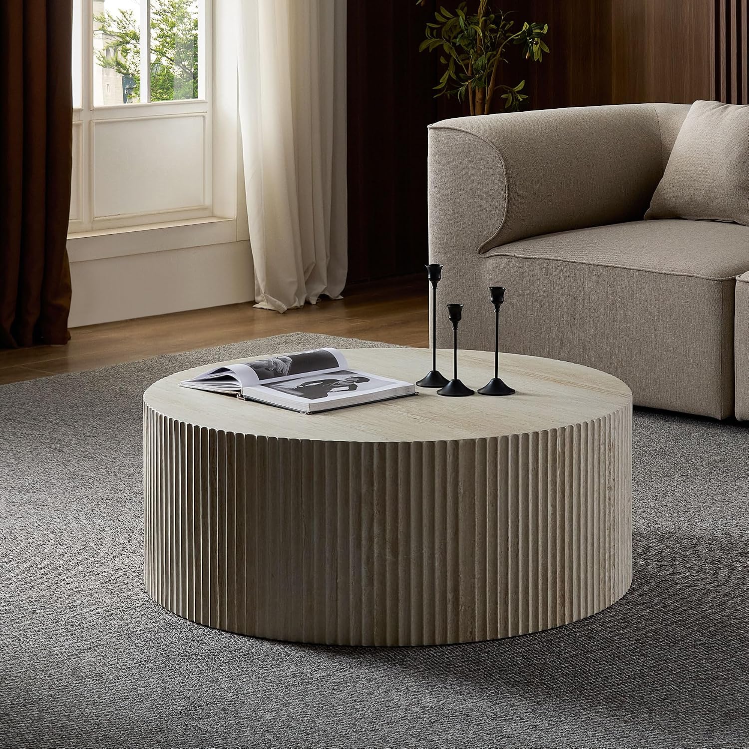 JUSTONE Round Coffee Tables for Living Room,Modern 35.43'' Fiberglass Cream Style Coffee Table for Small Space,Apartment,Balcony,Matte White