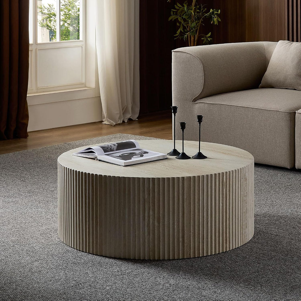 WILLIAMSPACE 35.43' Round Coffee Table with Eye-Catching Relief Design, Modern Luxury Faux Travertine Center Table Accent Side Tea Table for Living Room, No Need Assembly - Beige