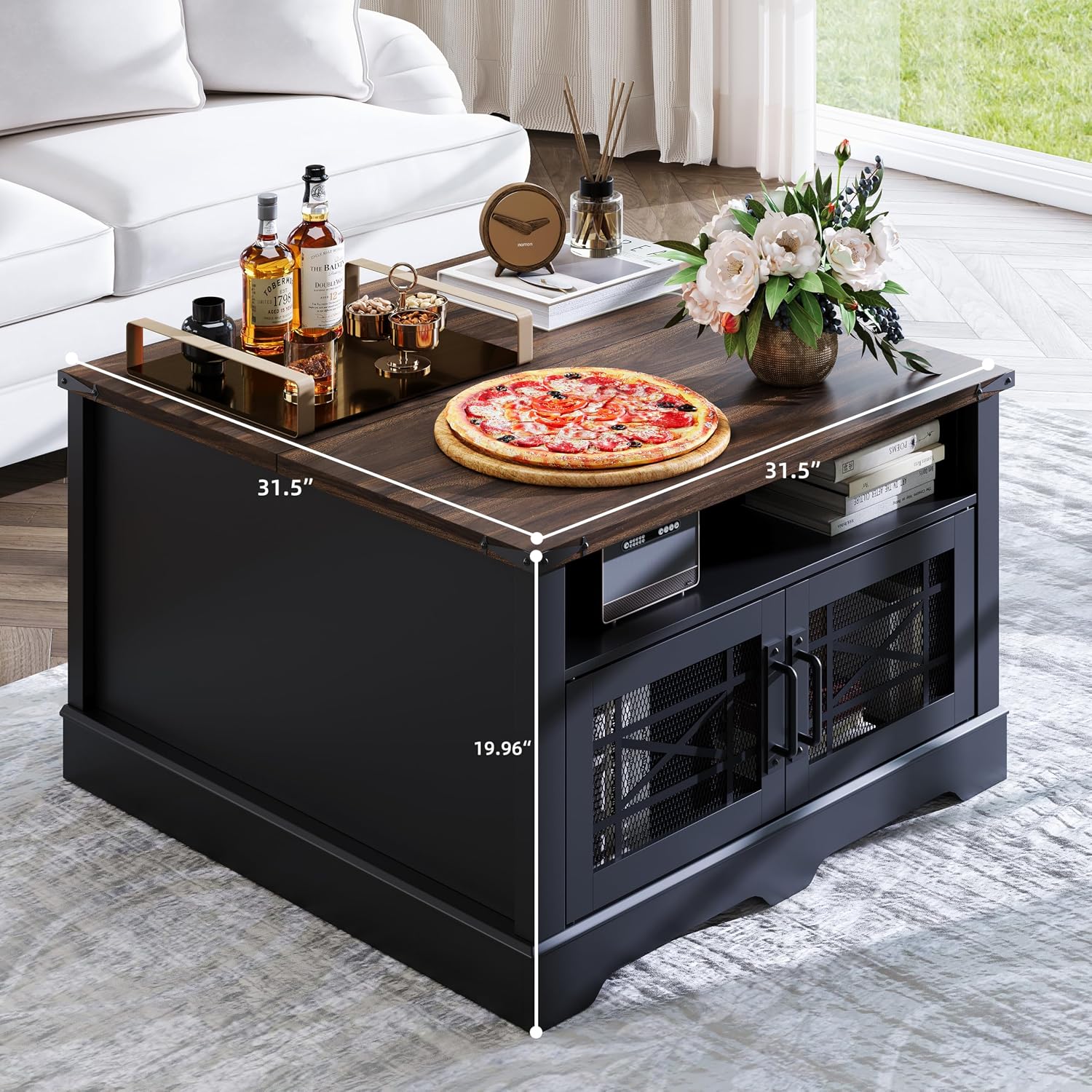 Square Coffee Table, Farmhouse Coffee Tables for Living Room, Wood Coffee Table with Storage, Black Coffee Table with Hidden Compartment, Rustic Center Coffee Table with Lift-up Top