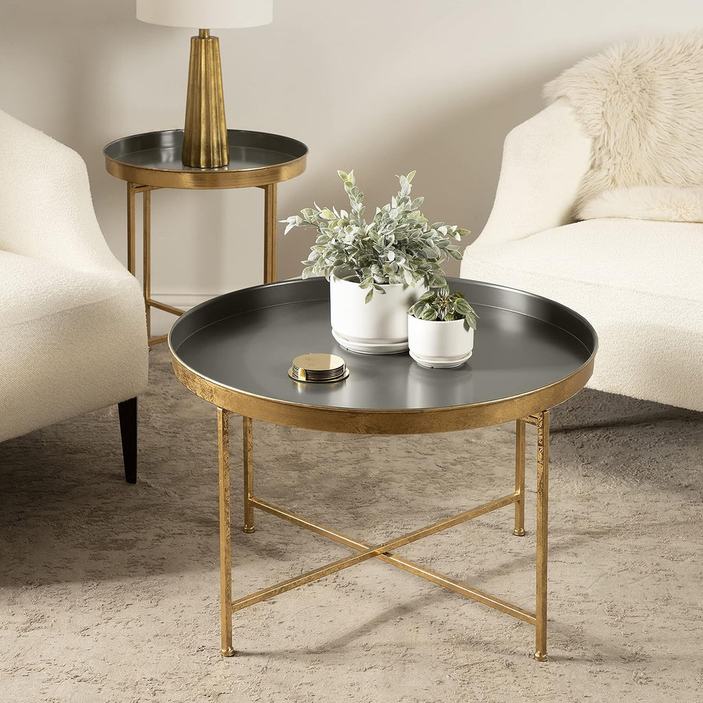Kate and Laurel Celia Modern Coffee Table; 28 x 28 x 19; Gray and Gold; Glamorous Folding Metal Table for Storage and Display