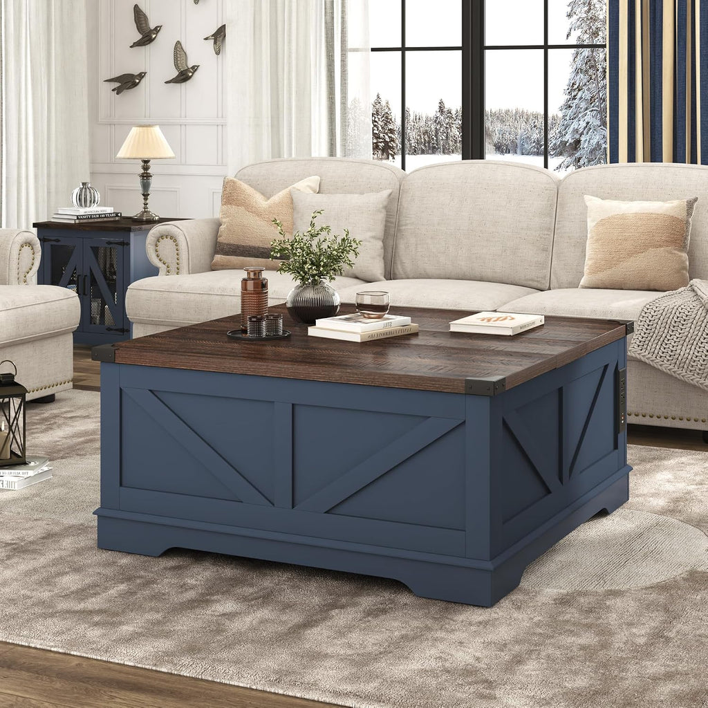 Hlivelood 40' Large Farmhouse Lift Top Coffee Table with Power Outlets and Large Hidden Storage, Square Wood Living Room Tables, Multi-Function Lift Wooden Barn Door Center Table, Blue