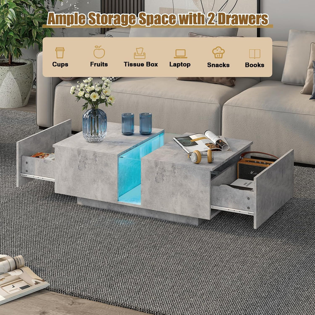 HedoAjim Grey Led Coffee Table for Living Room, Rectangular Living Room Table with Storage, Acrylic Coffee Tables with 2 Sliding Drawers, Wood Center Table for Reception Dinning Room