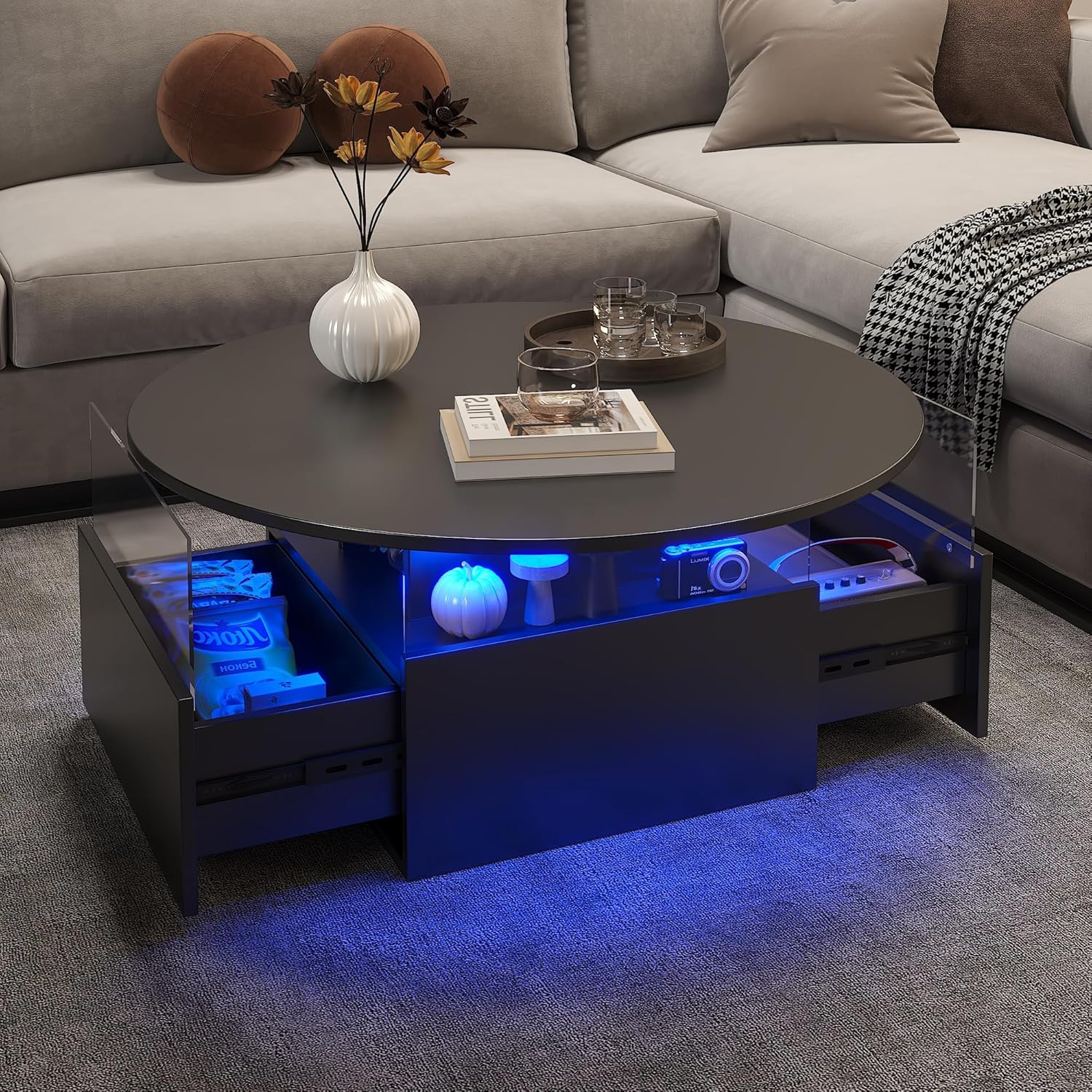 HedoAjim 31.5' Round Coffee Table for Living Room, LED Modern Living Room Table with Storage, Square Acrylic Coffee Tables with 2 Sliding Drawers, Wood Center Table for Reception Dinning Room, Black