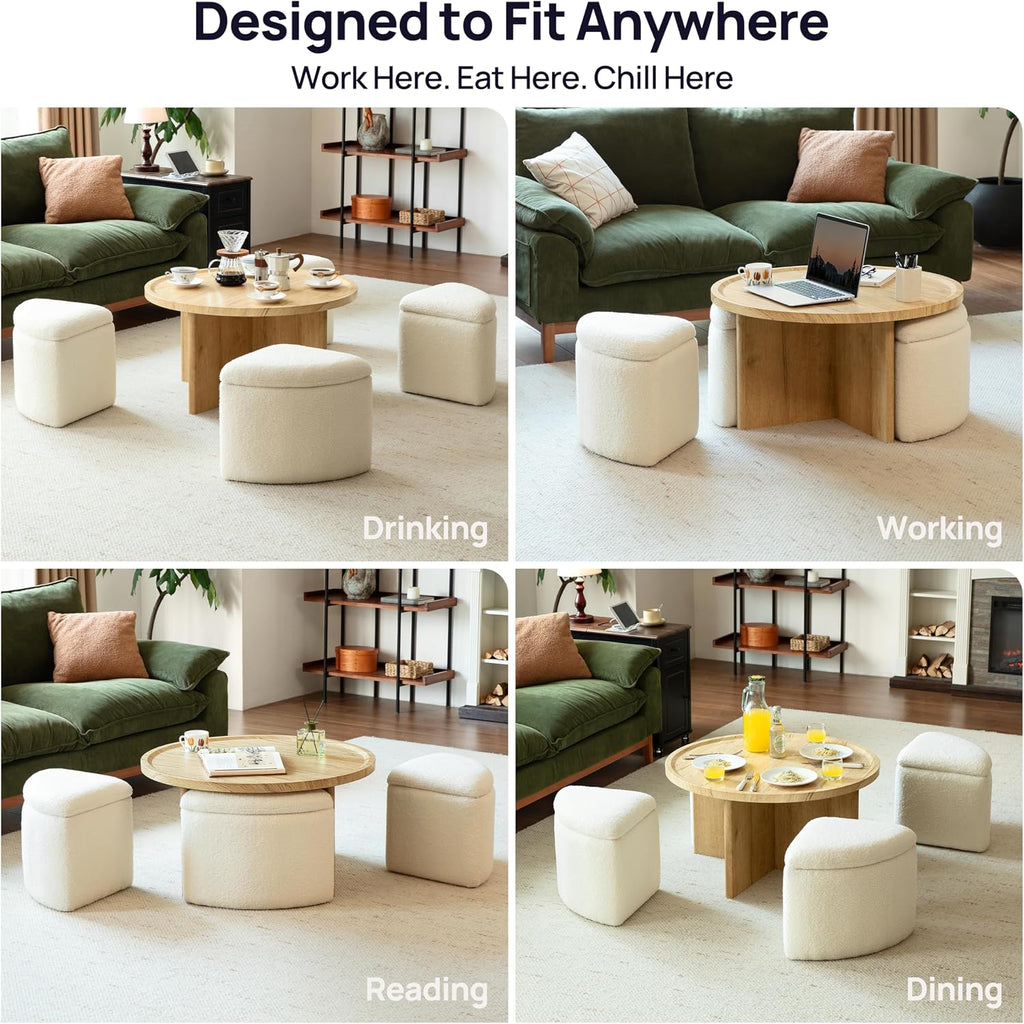 Square Coffee Table with Stools Underneath, Wood Ottoman Coffee Tables with 4 Boucle Storage Ottomans & Seats, Mid-Century Modern Coffee Table with Chairs for Living Room, Small Space, Natural&White