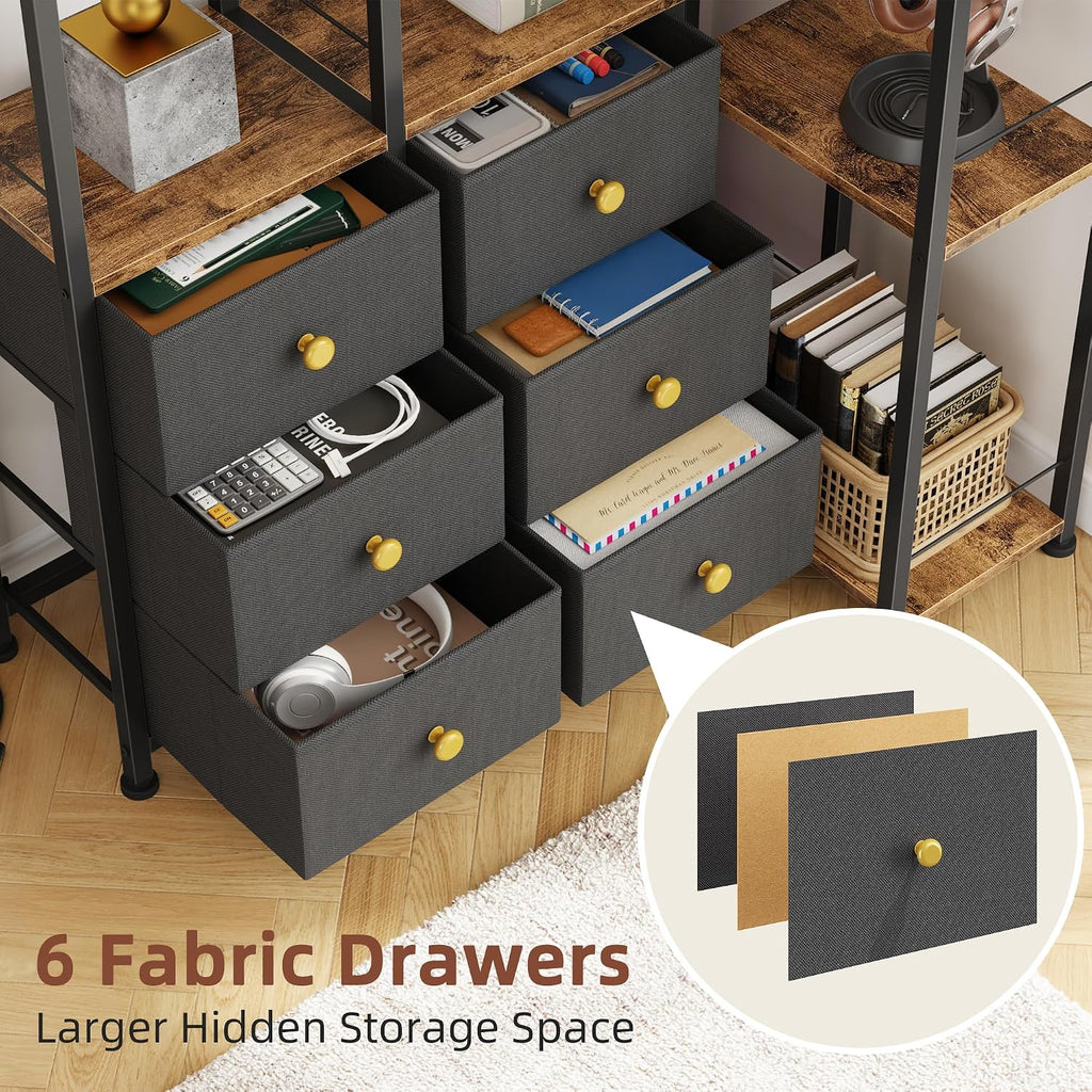 AFLUI Corner Bookshelf with LED Lights & 6 Fabric Drawers, 5-Tier Industrial L-Shaped Bookcase with Acrylic Display Shelf for Living Room, Office