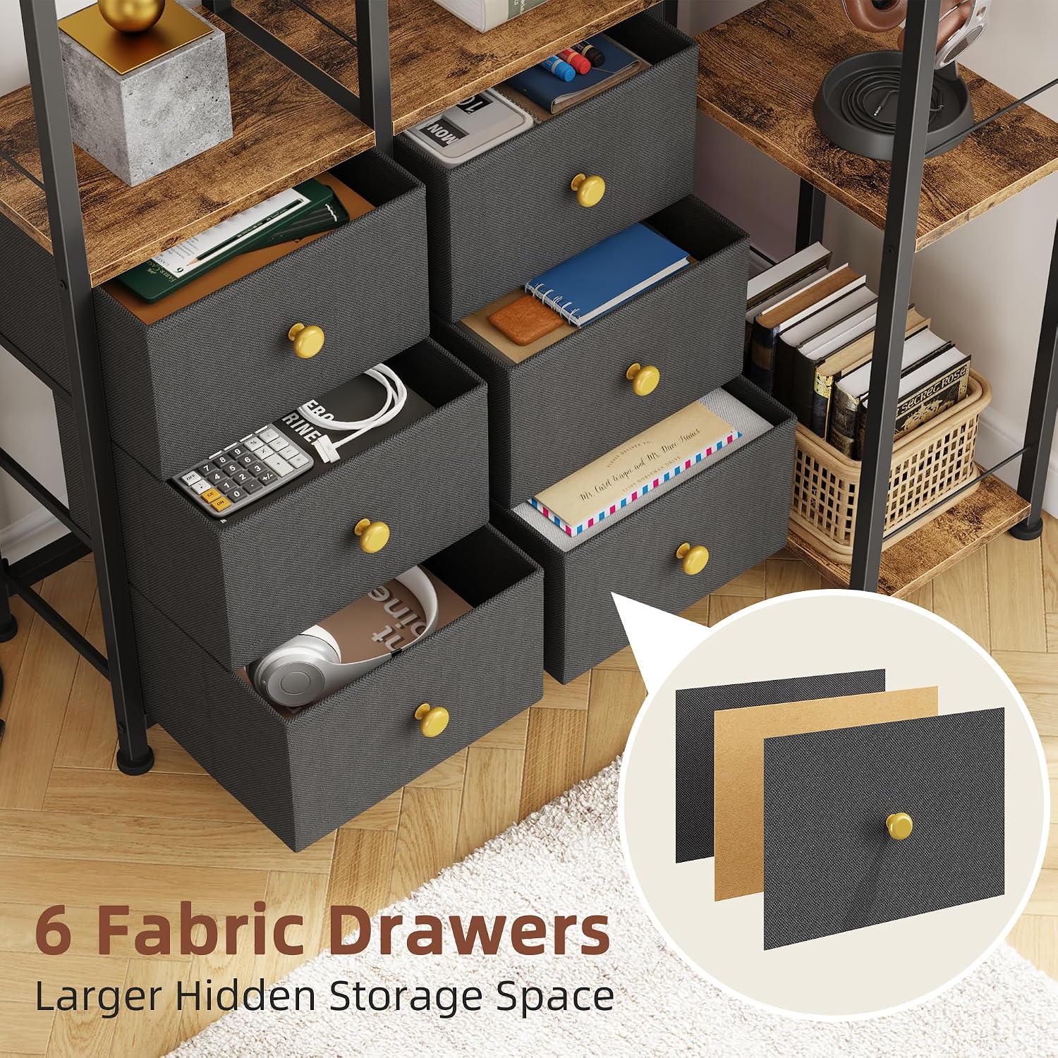 AFLUI Corner Bookshelf with LED Lights & 6 Fabric Drawers, 5-Tier Industrial L-Shaped Bookcase with Acrylic Display Shelf for Living Room, Office