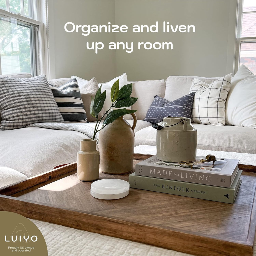 LUIYO Large Ottoman Wood Tray- with Leather Handle Decorative Wooden 24 x 24 x1.5 Inches Square Serving Tray Best for Coffee Table, Living Room and Kitchen (Large 24 * 24)