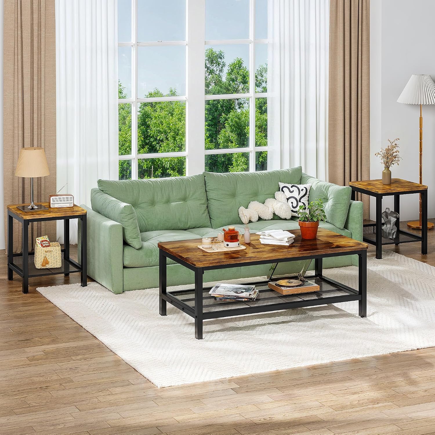 Recaceik 3-Piece Living Room Coffee Table Set, Industrial Coffee Table with 2 Square End Side Tables, Modern Living Room Table Set with Metal Frame for Apartment Home Office (Rustic Brown)