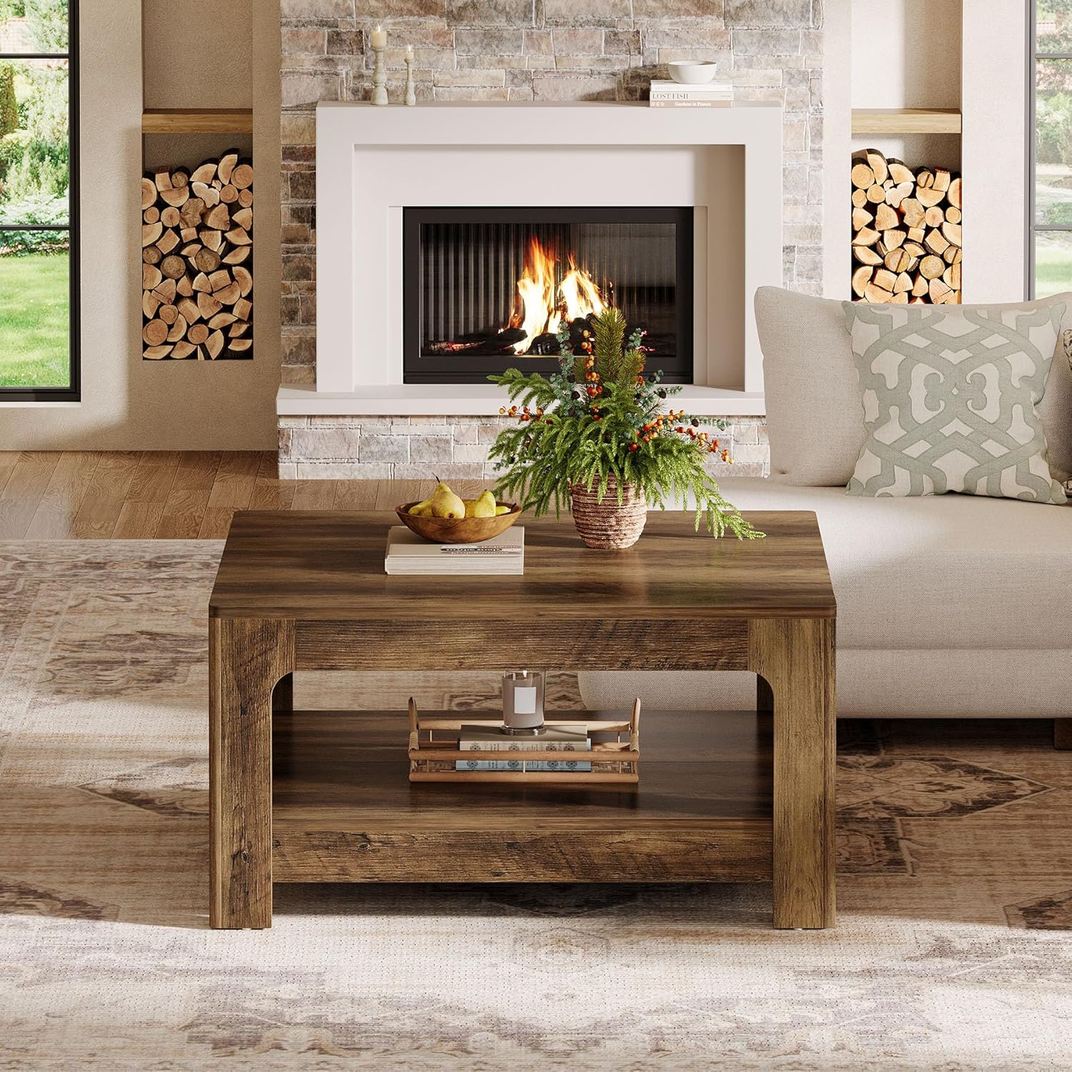 Tribesigns Square Coffee Table with Storage, 39.4-Inch Large Farmhouse Wooden Center Tea Accent Table for Living Room, Rustic Brown