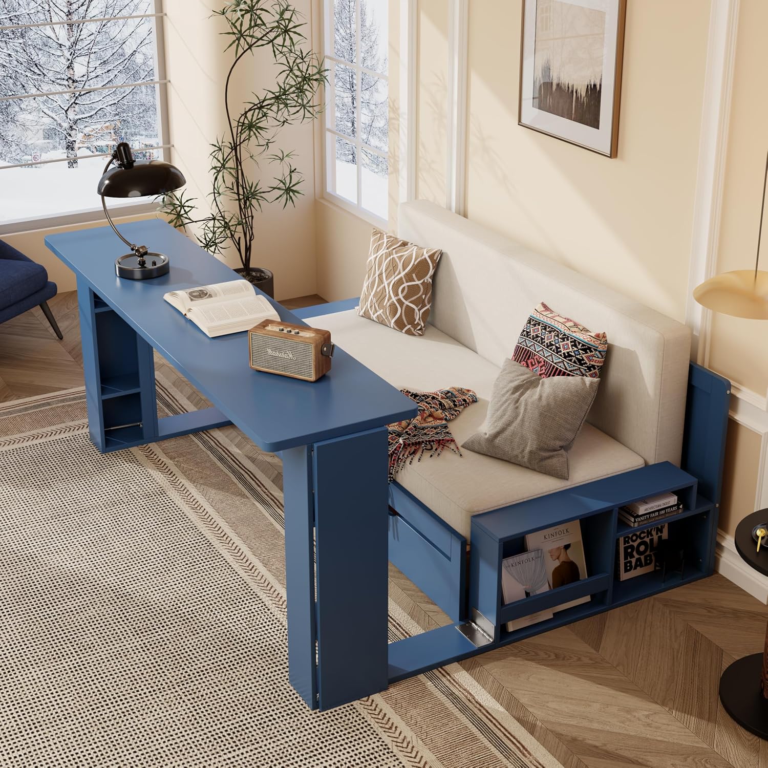 Wood Daybed Queen Size with Removable Desk and Extendable Armrests, 4-in-1 Multifunctional Design Daybed Sofa Bed with Storage Drawers & Hydraulic Side Table (Blue-11.27, Queen)