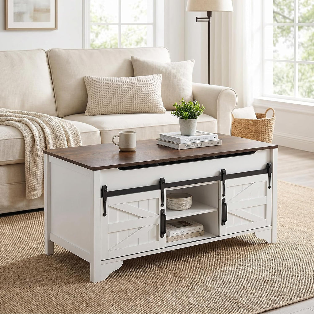 48' W Lift Top Coffee Table with Sliding Barn Door Rustic Rectangle Storage Coffee Tables, Wood Center Table with Hidden Storage Compartment for Home, Office, White and Brown