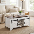 48' W Lift Top Coffee Table with Sliding Barn Door Rustic Rectangle Storage Coffee Tables, Wood Center Table with Hidden Storage Compartment for Home, Office, White and Brown
