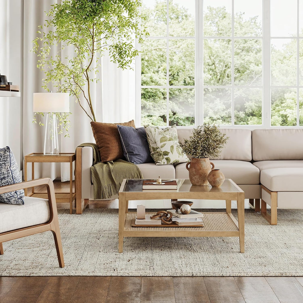 Nathan James Hayes Glass Coffee Table and Side Table Set with Rattan Bottom Shelf, Bohemian 2-Piece Living Room Set
