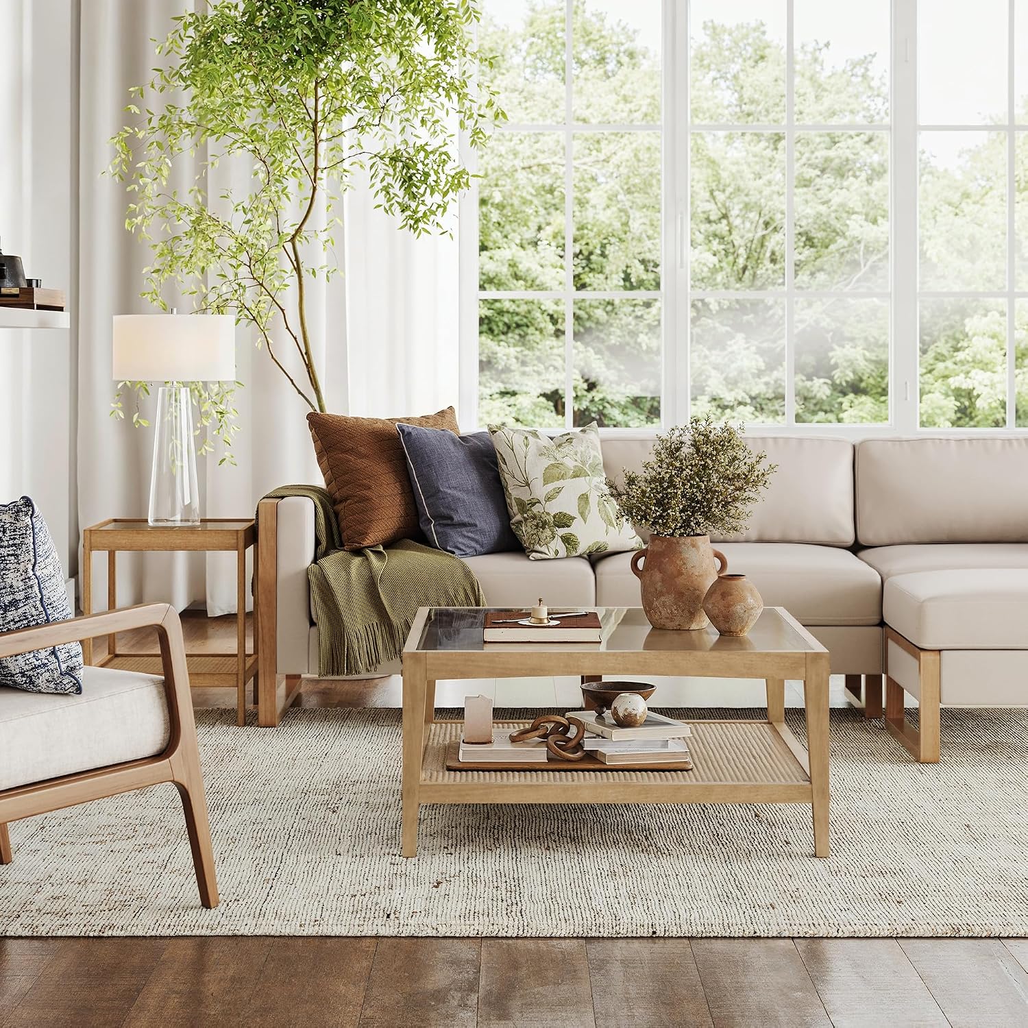 Nathan James Hayes Glass Coffee Table and Side Table Set with Rattan Bottom Shelf, Bohemian 2-Piece Living Room Set