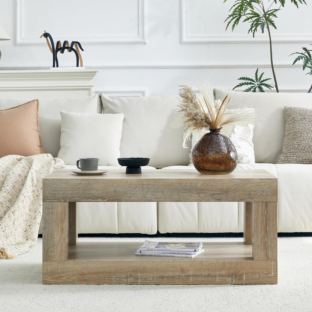 LKTART 39.37' Coffee Table with Storage, 2-Tier Mid Century Rectangular Accent Table with Thick Tabletop, Rustic Style Cocktail, Center Table for Living Room, Office, Apartment (Antique Natural)