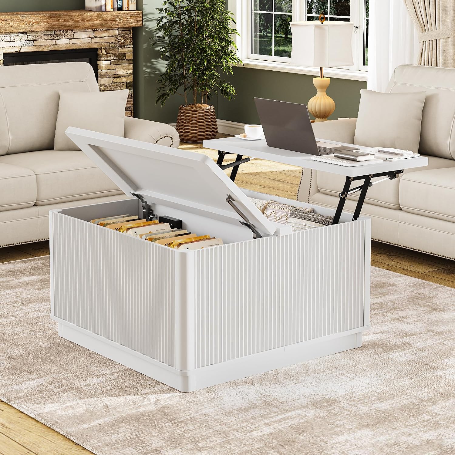 Modern Lift Top Coffee Table with Storage, Square Coffee Tables with LED Lighting and Power Outlet, Wooden Square Center Table for Living Room, Home Office, White